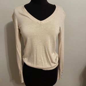 Cream V Neck Sweater with Button Accent
